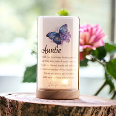 Personalised Auntie Gift Beautiful Night Lamp With Wood Base and Sentiment