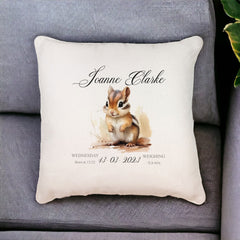 Personalised Baby Birth Nursery Cushion Present With Woodland Squirrel