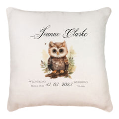 Personalised Baby Birth Nursery Cushion Present With Woodland Owl