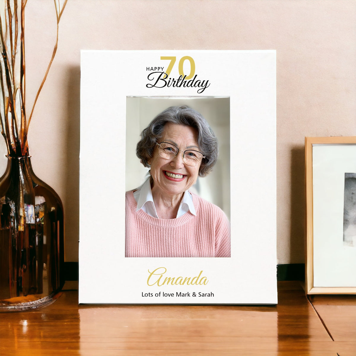 Personalised 70th Birthday Photo Frame Portrait With Name and Sentiment