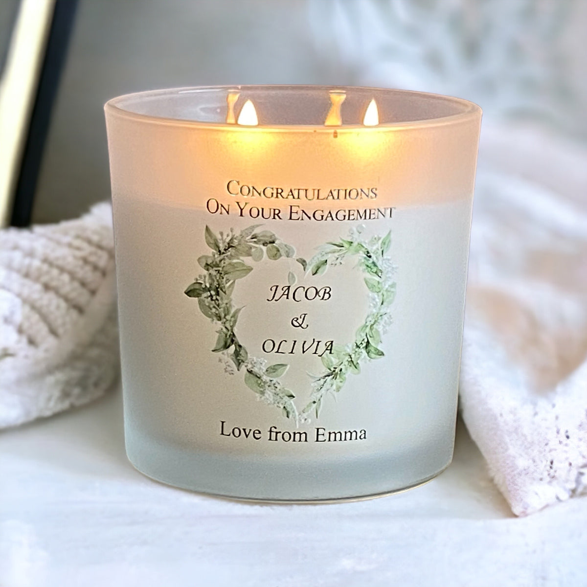 Personalised Large Double Wick Engagement Candle Gift With Floral Heart Wreath