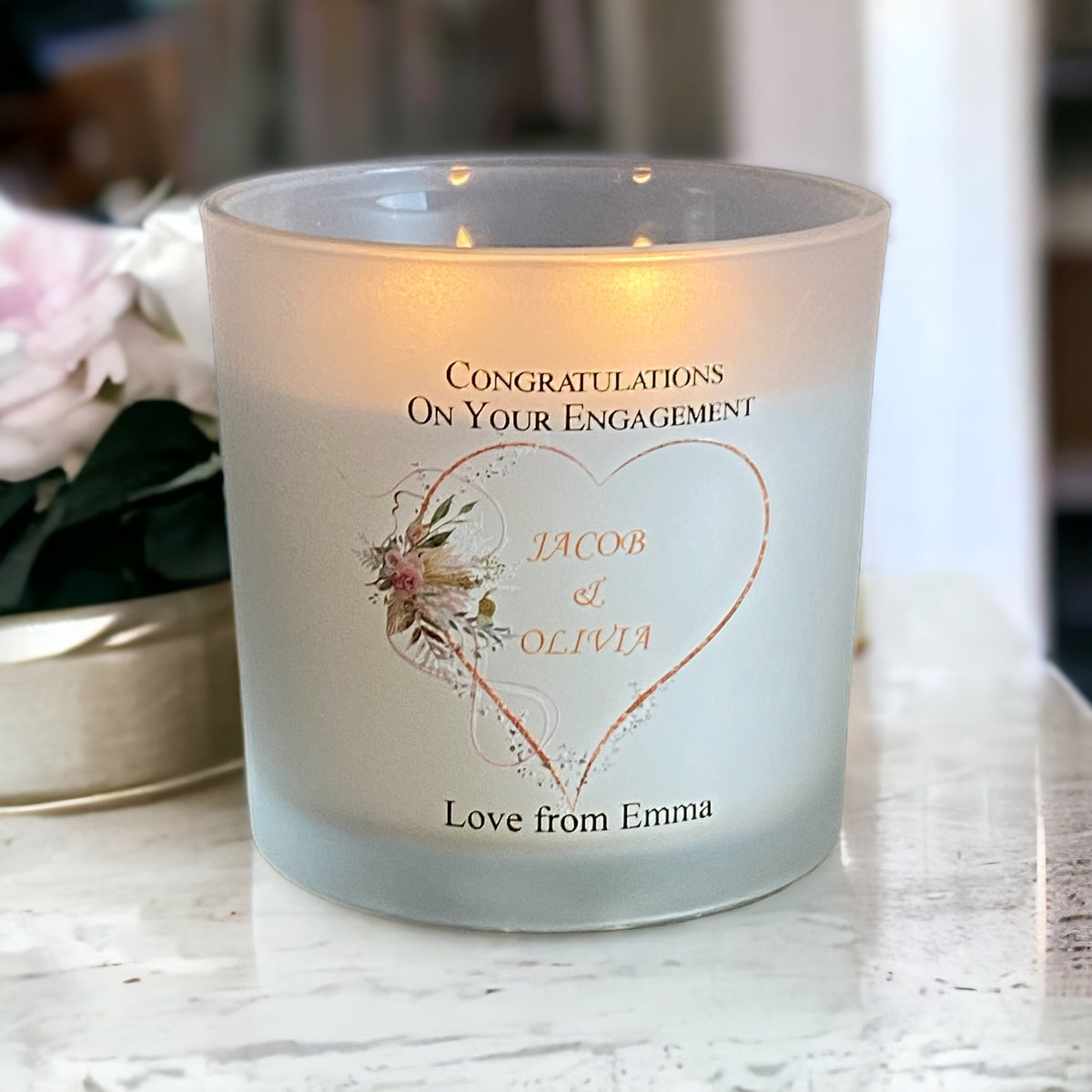 Personalised Large Double Wick Engagement Candle Gift With Rose Gold Heart Wreath