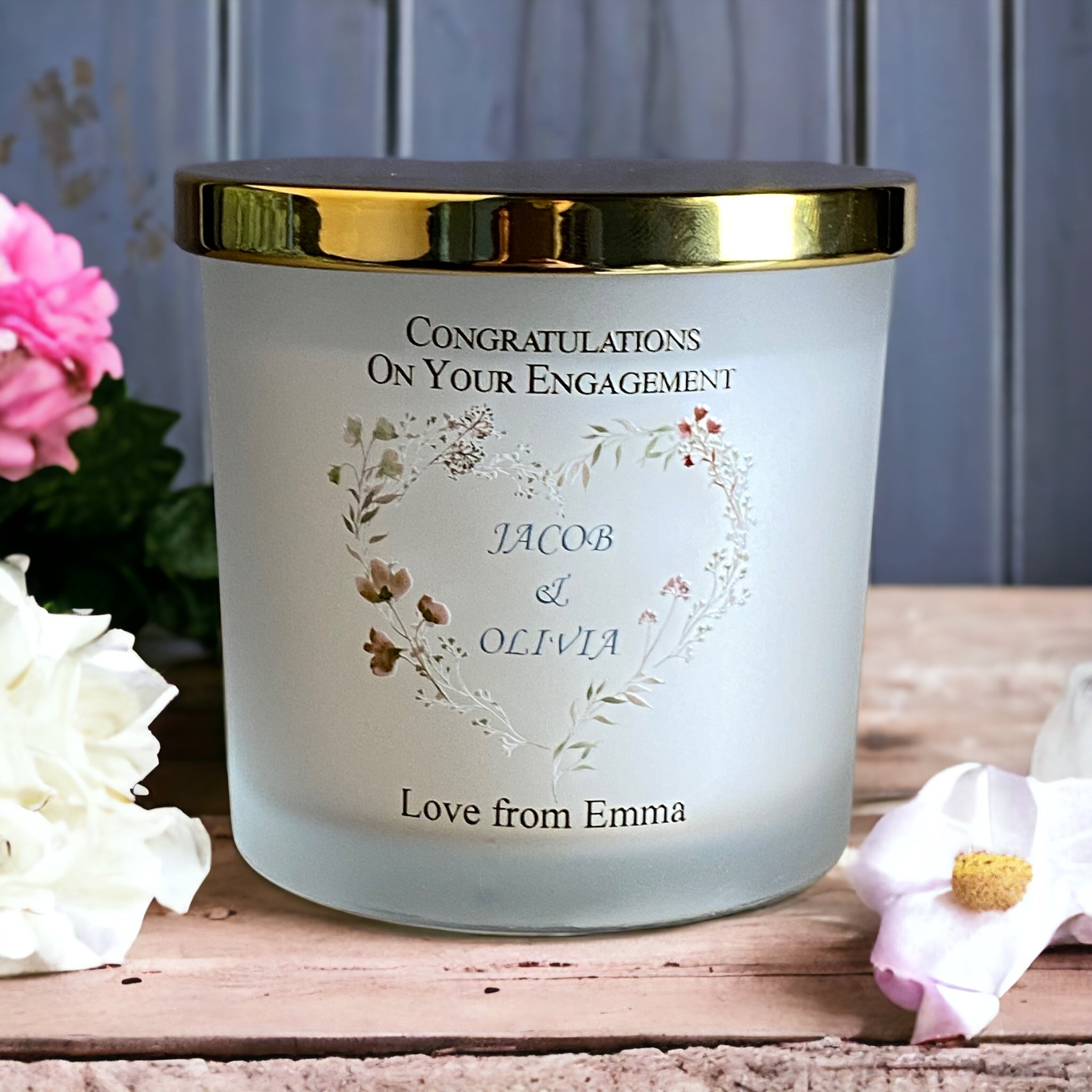 Personalised Large Double Wick Engagement Candle Gift With Watercolour Heart Wreath