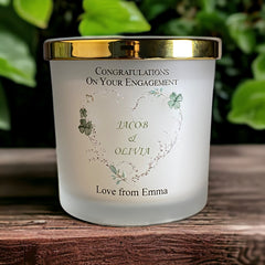Personalised Large Double Wick Engagement Candle Gift With Green Clover Heart Wreath
