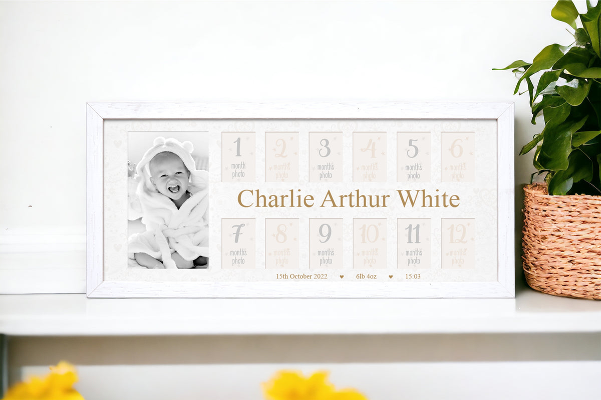Personalised Baby My First Year Photo Frame 12 Months Heart Background