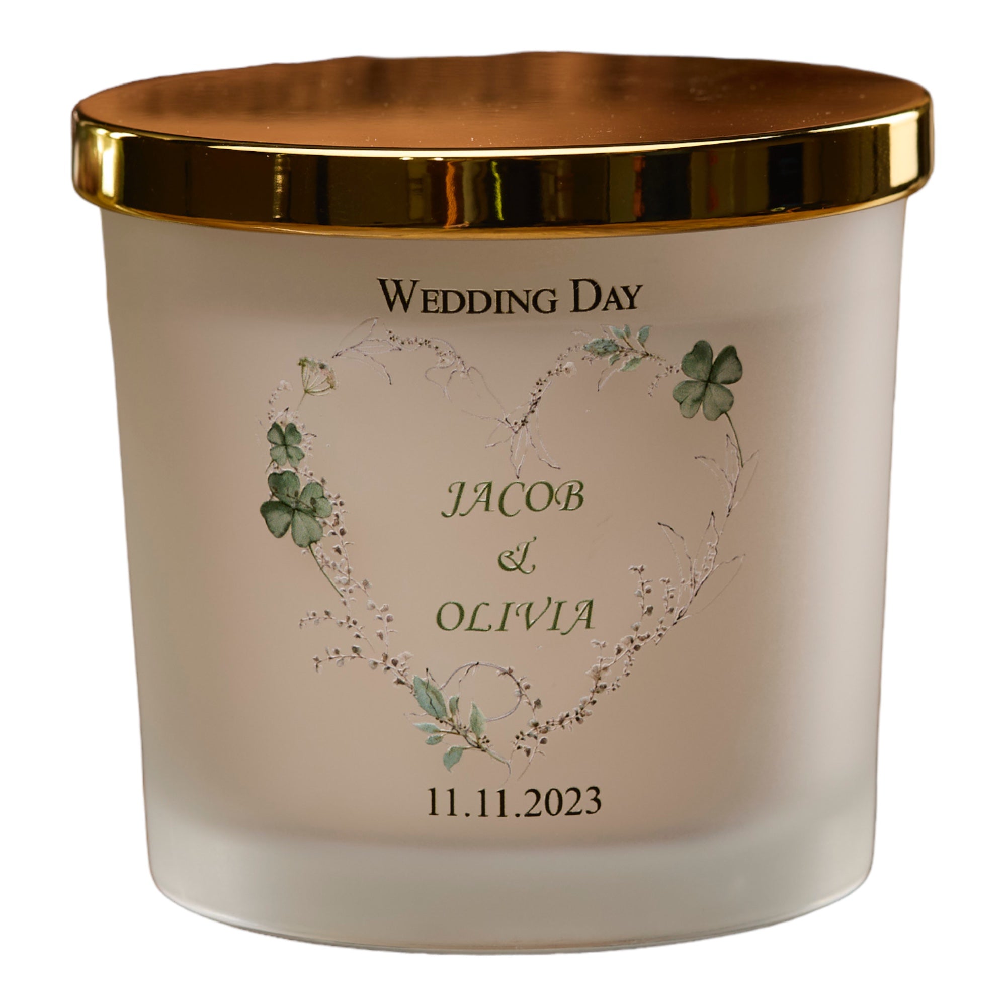 Personalised Large Double Wick Wedding Candle Gift With Green Clover Heart