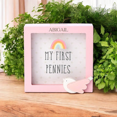 Personalised Engraved Money Box Frame My First Pennies - Pink Bird Savings Bank for Babies - Newborn Gift - Kids Piggy Bank for Baby Girl