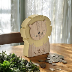 Personalised Wooden Lion Money Box for Children - Custom Engraved name Gift