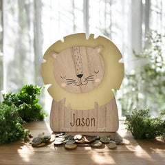 Personalised Wooden Lion Money Box for Children - Custom Engraved name Gift