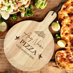 Large Personalised Custom Pizza Board Names Serving Tray Handle Paddle Round Wooden