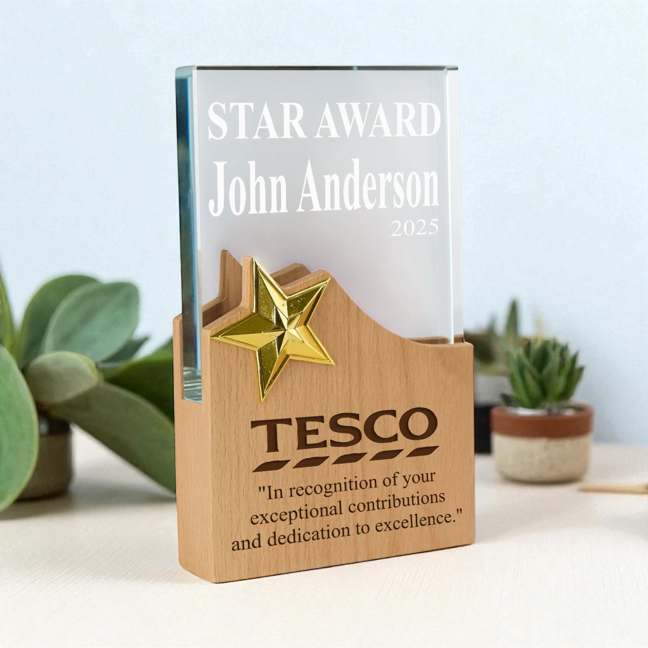 Personalised Star Award Trophy Any Engraving or Occasion Wood and Glass