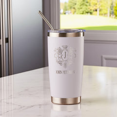 Personalised Engraved 560ml Travel Mug With Crest and Name Choice Of Colours Personalised Gifts ukgiftstoreonline White