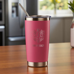 Personalised Engraved 560ml Travel Mug With Crest and Name Choice Of Colours Personalised Gifts ukgiftstoreonline Pink