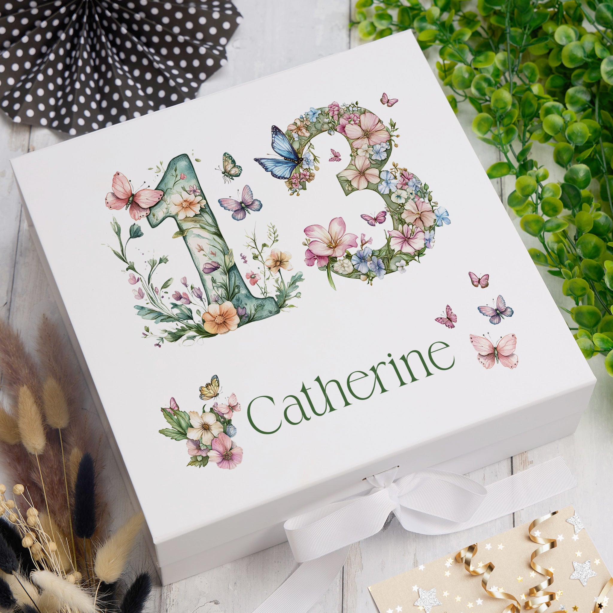 Personalised 13th Birthday Memory Box, Keepsake Box Gift With Flowers and Butterflies ukgiftstoreonline