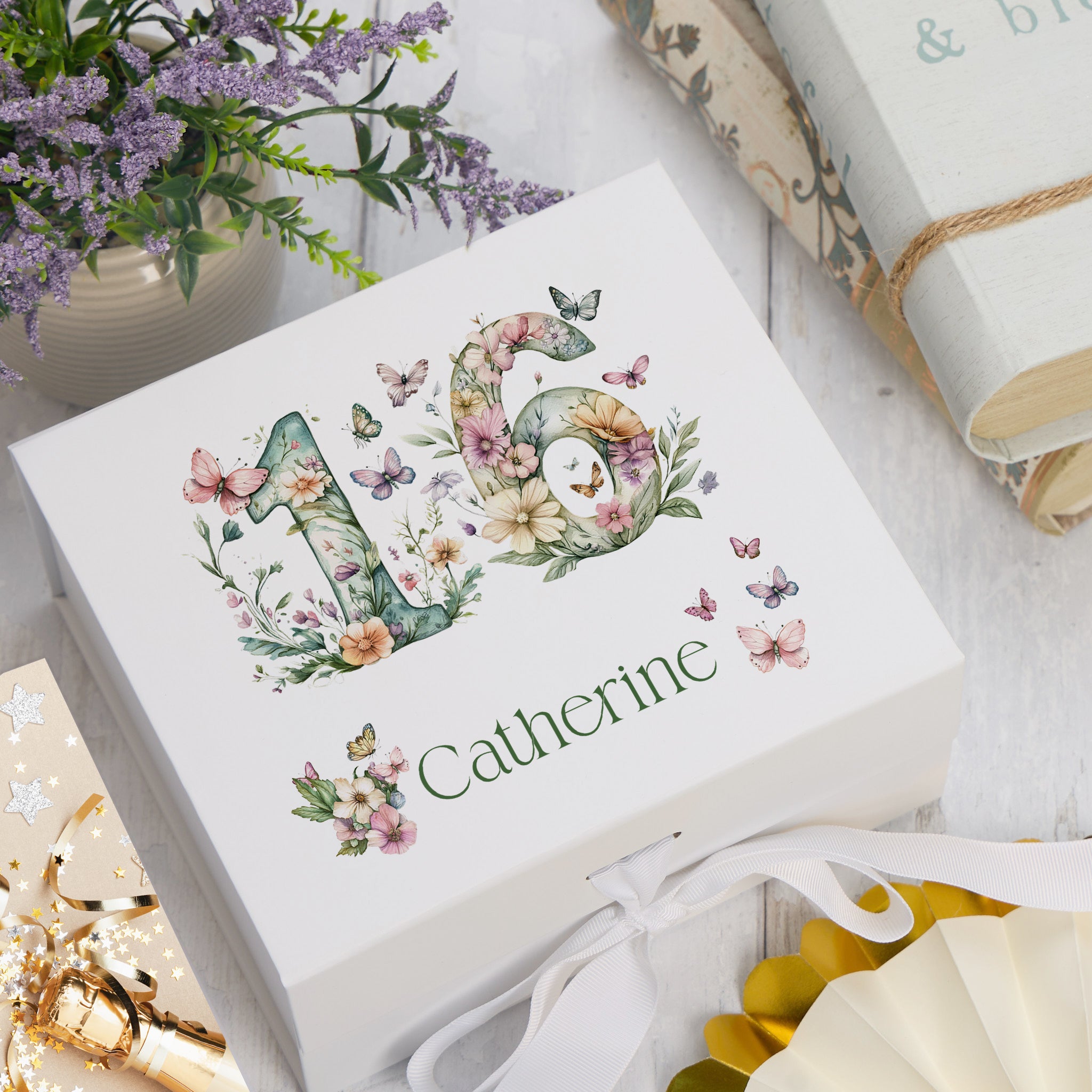 Personalised 16th Birthday Memory Box, Keepsake Box Gift With Flowers and Butterflies