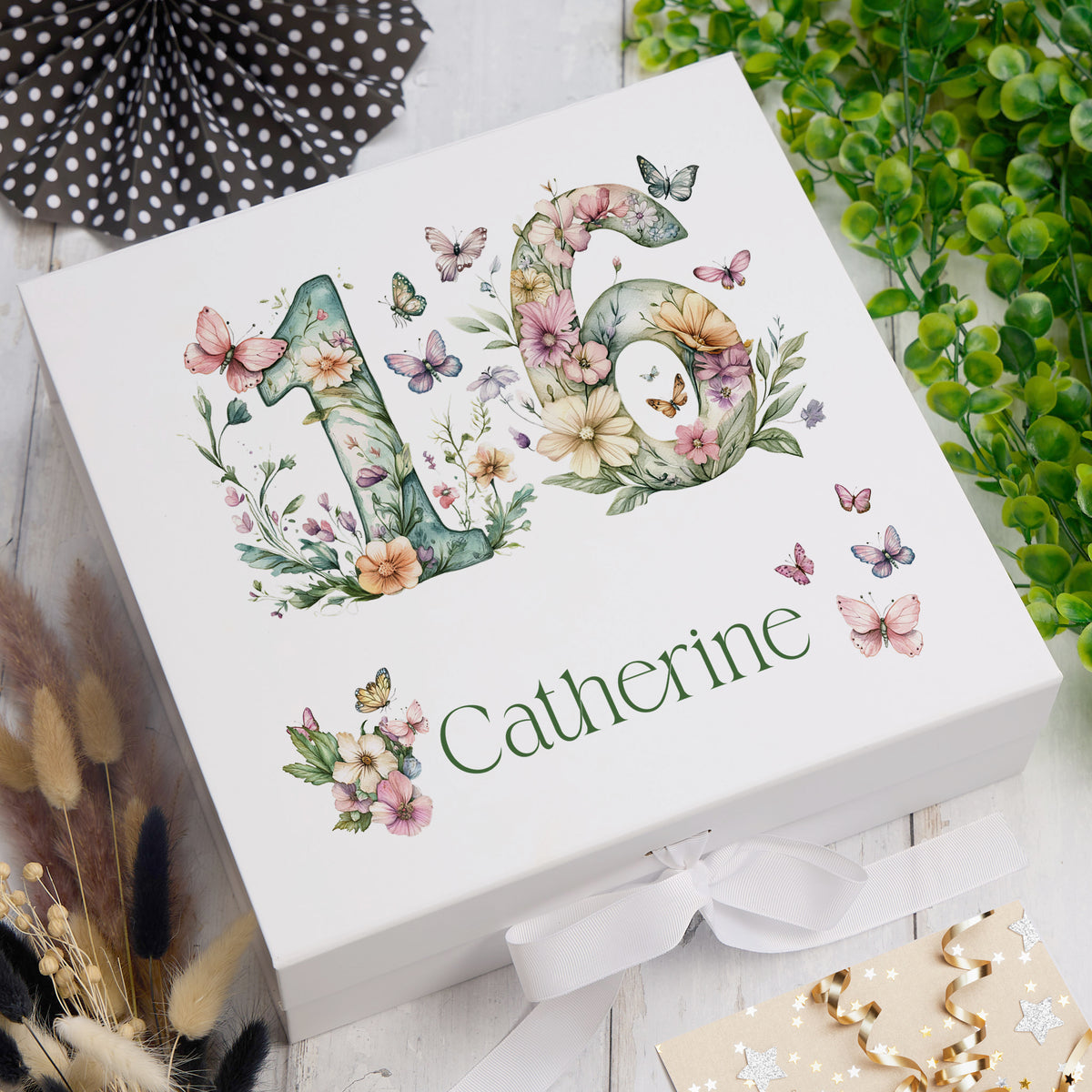 Personalised 16th Birthday Memory Box, Keepsake Box Gift With Flowers and Butterflies