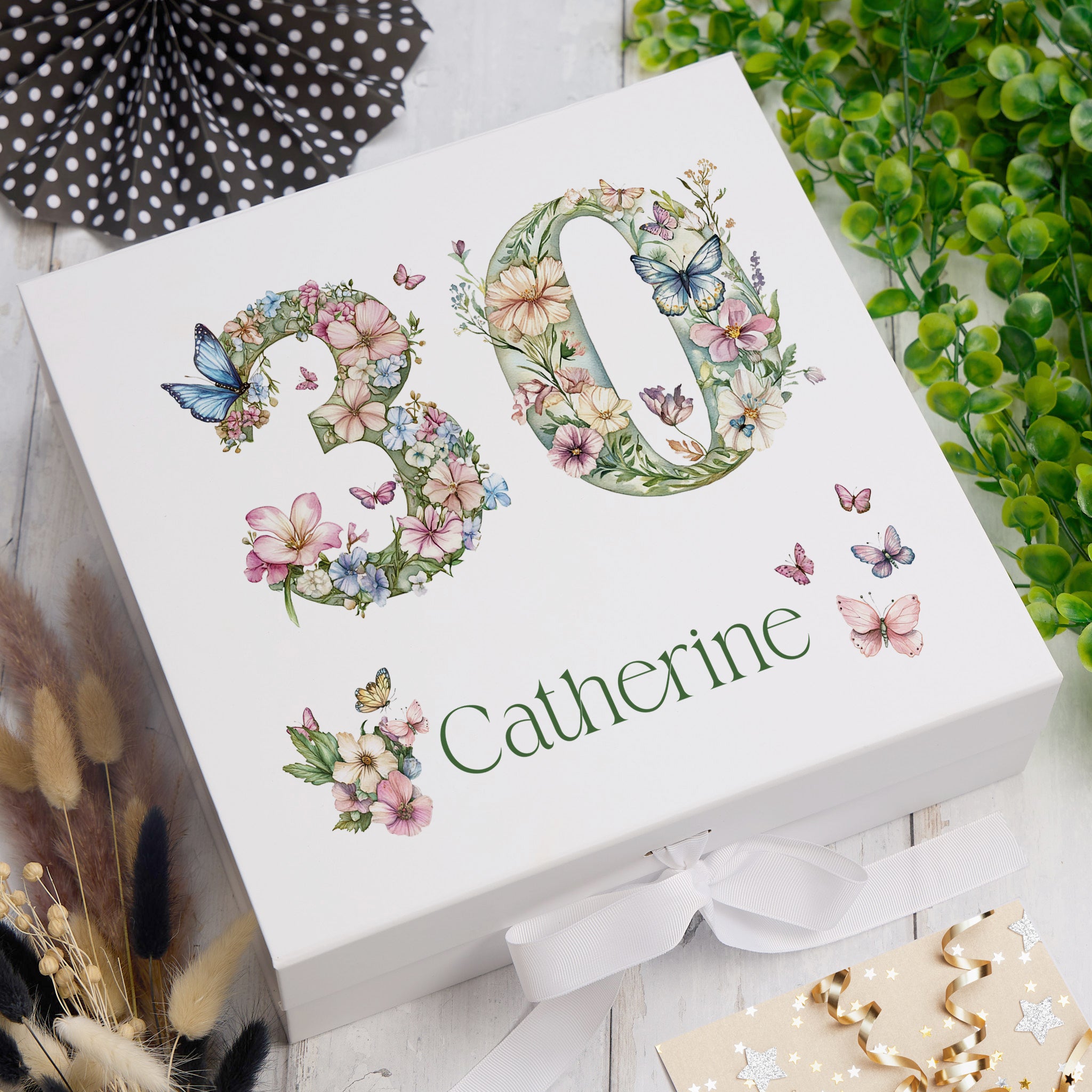 Personalised 30th Birthday Memory Box, Keepsake Box Gift With Flowers and Butterflies ukgiftstoreonline Ribbon Box Medium