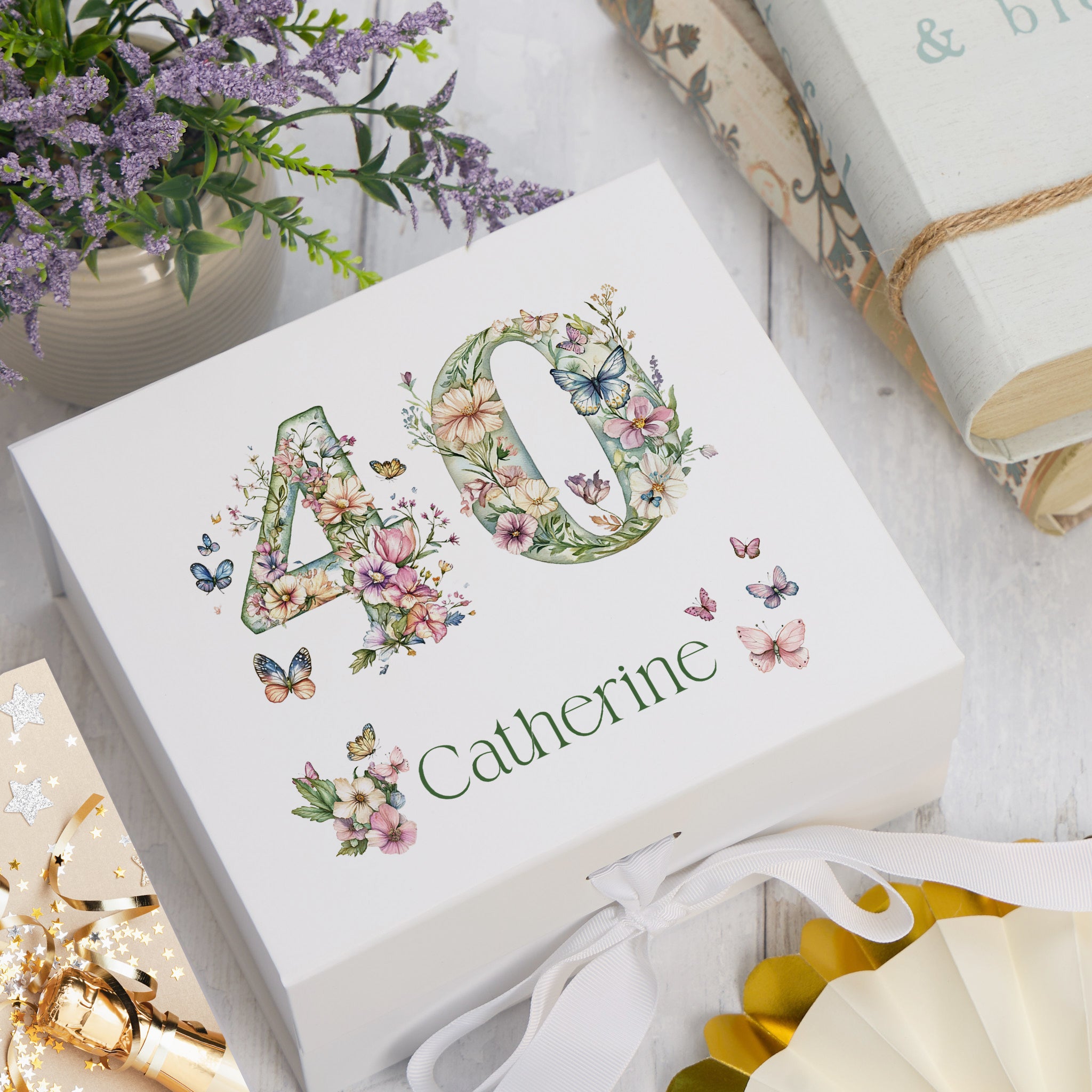 Personalised 40th Birthday Memory Box, Keepsake Box Gift With Flowers and Butterflies ukgiftstoreonline