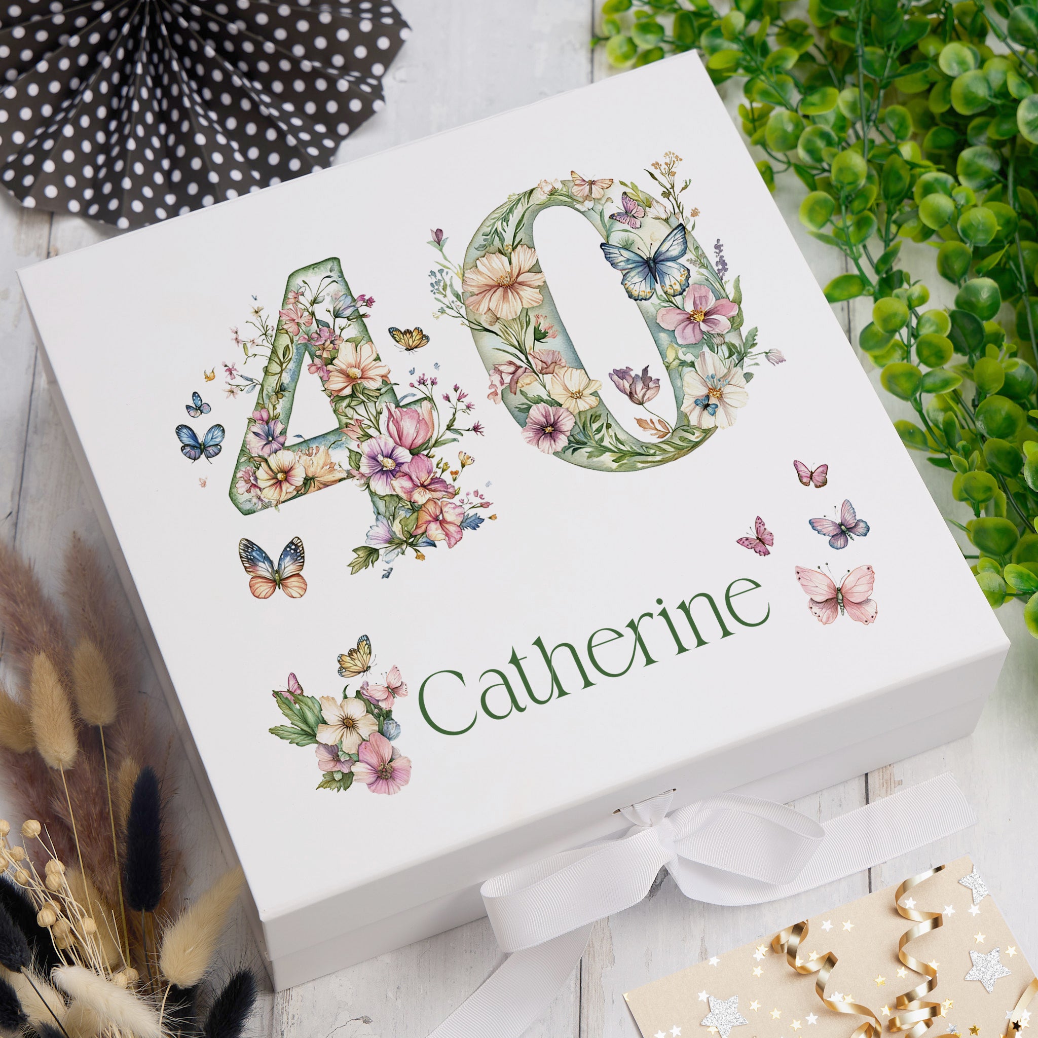 Personalised 40th Birthday Memory Box, Keepsake Box Gift With Flowers and Butterflies ukgiftstoreonline Ribbon Box Medium