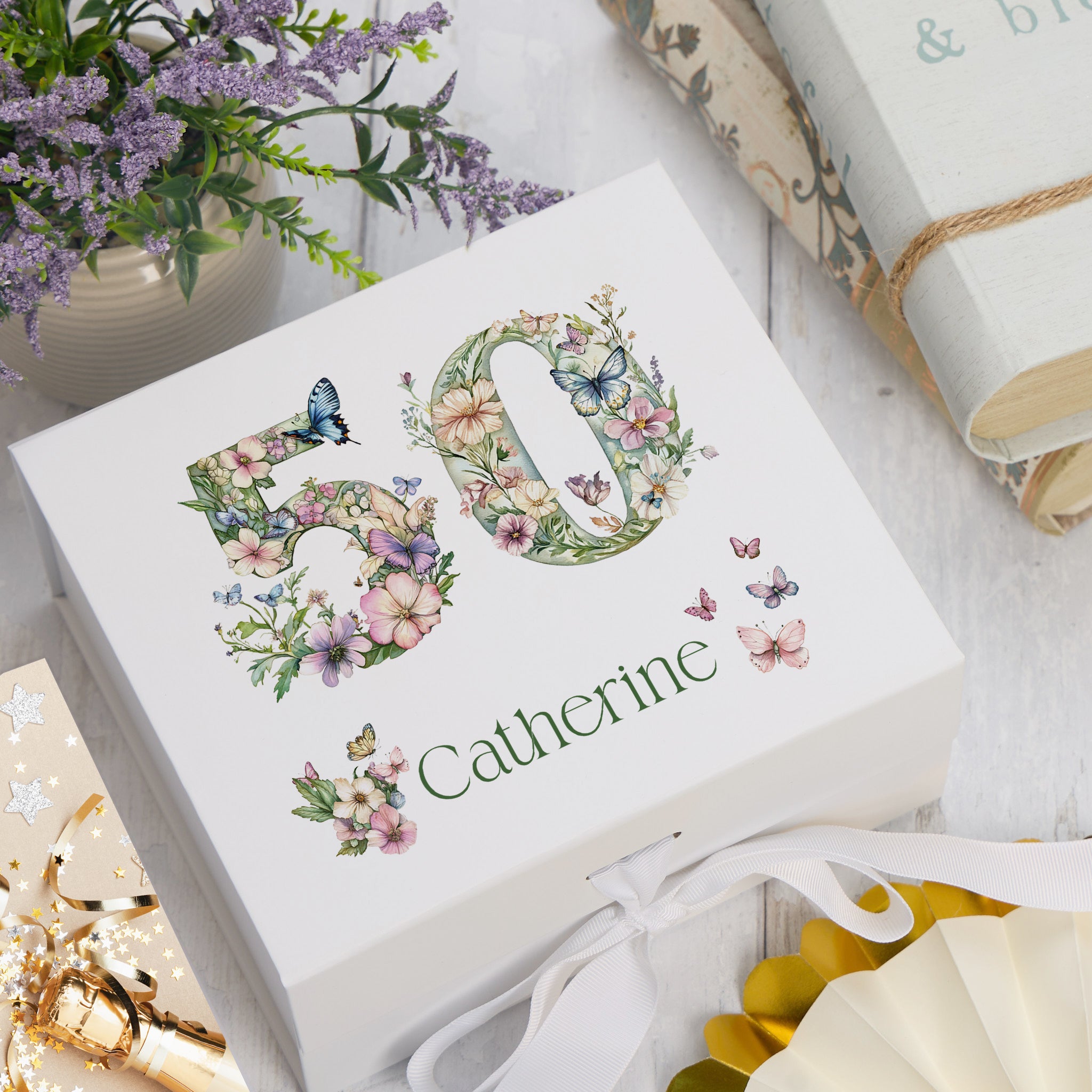 Personalised 50th Birthday Memory Box, Keepsake Box Gift With Flowers and Butterflies ukgiftstoreonline