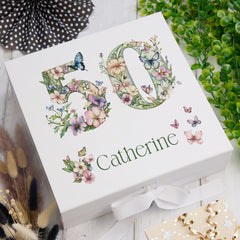 Personalised 50th Birthday Memory Box, Keepsake Box Gift With Flowers and Butterflies ukgiftstoreonline Ribbon Box Medium