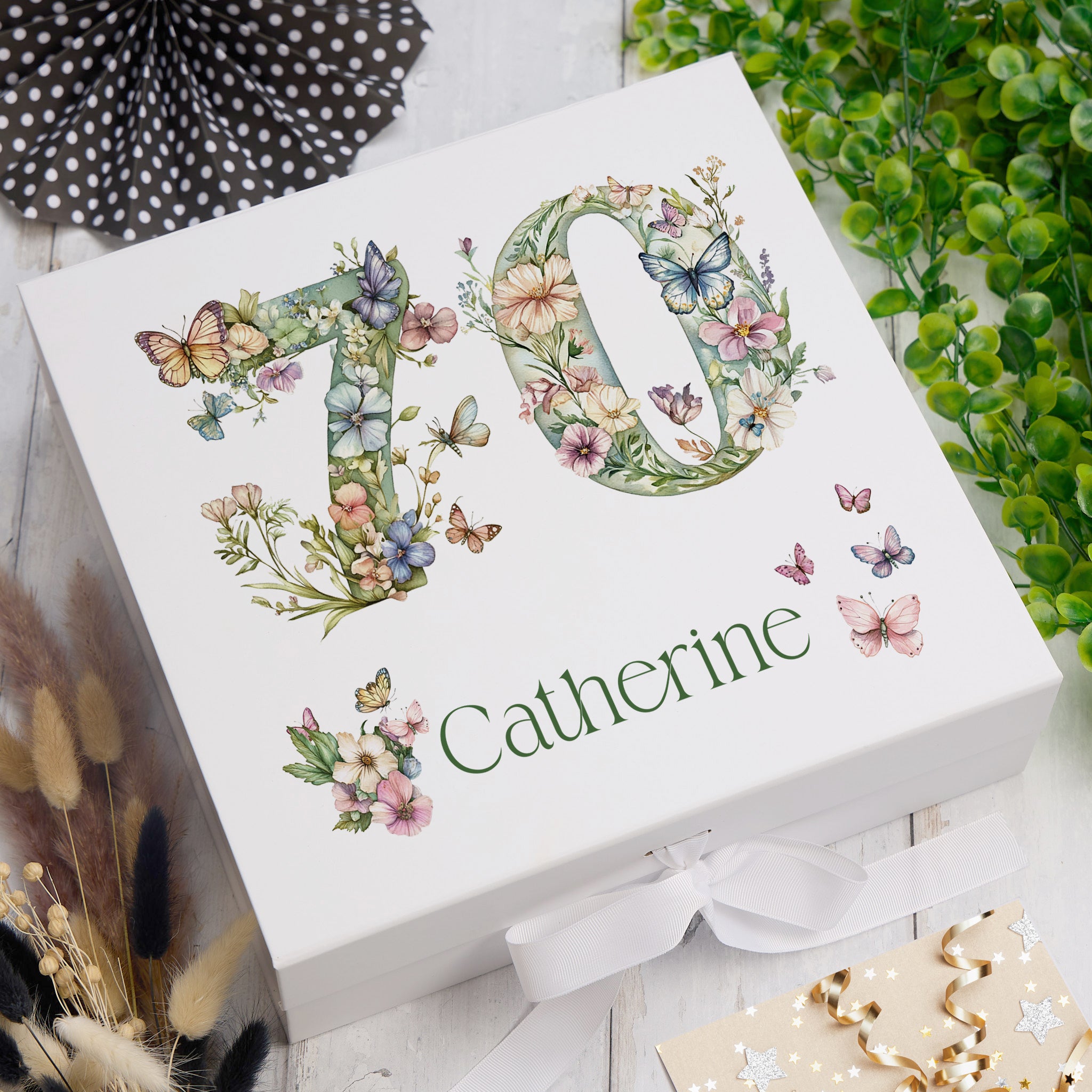 Personalised 70th Birthday Memory Box, Keepsake Box Gift With Flowers and Butterflies ukgiftstoreonline Ribbon Box Medium