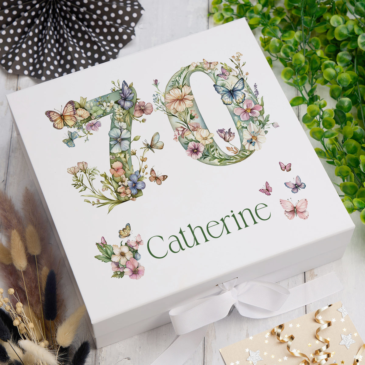 Personalised 70th Birthday Memory Box, Keepsake Box Gift With Flowers and Butterflies ukgiftstoreonline Ribbon Box Medium