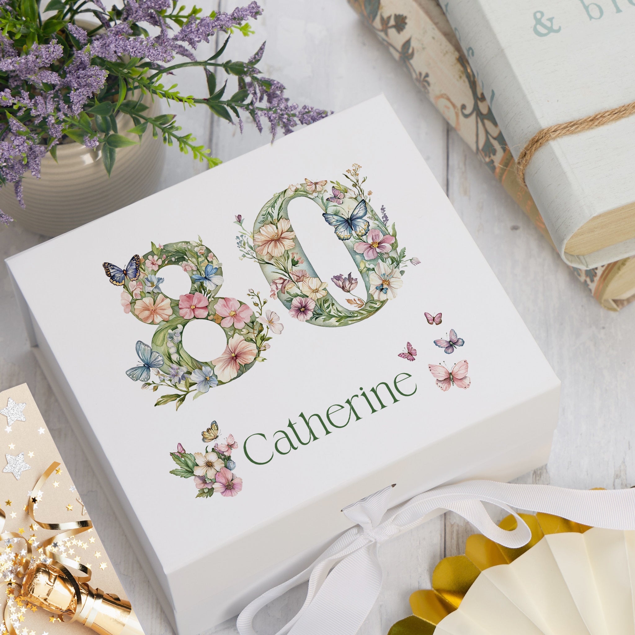 Personalised 80th Birthday Memory Box, Keepsake Box Gift With Flowers and Butterflies ukgiftstoreonline Ribbon Box Medium