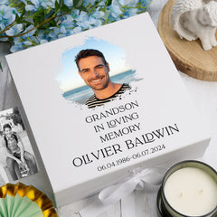 Personalised Grandson In Loving Memory White Keepsake Box With Photo For Condolence & Memory Treasure Sympathy Gift