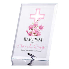 Personalised Blue Keepsake Plaque Gift With Pink Floral Cross
