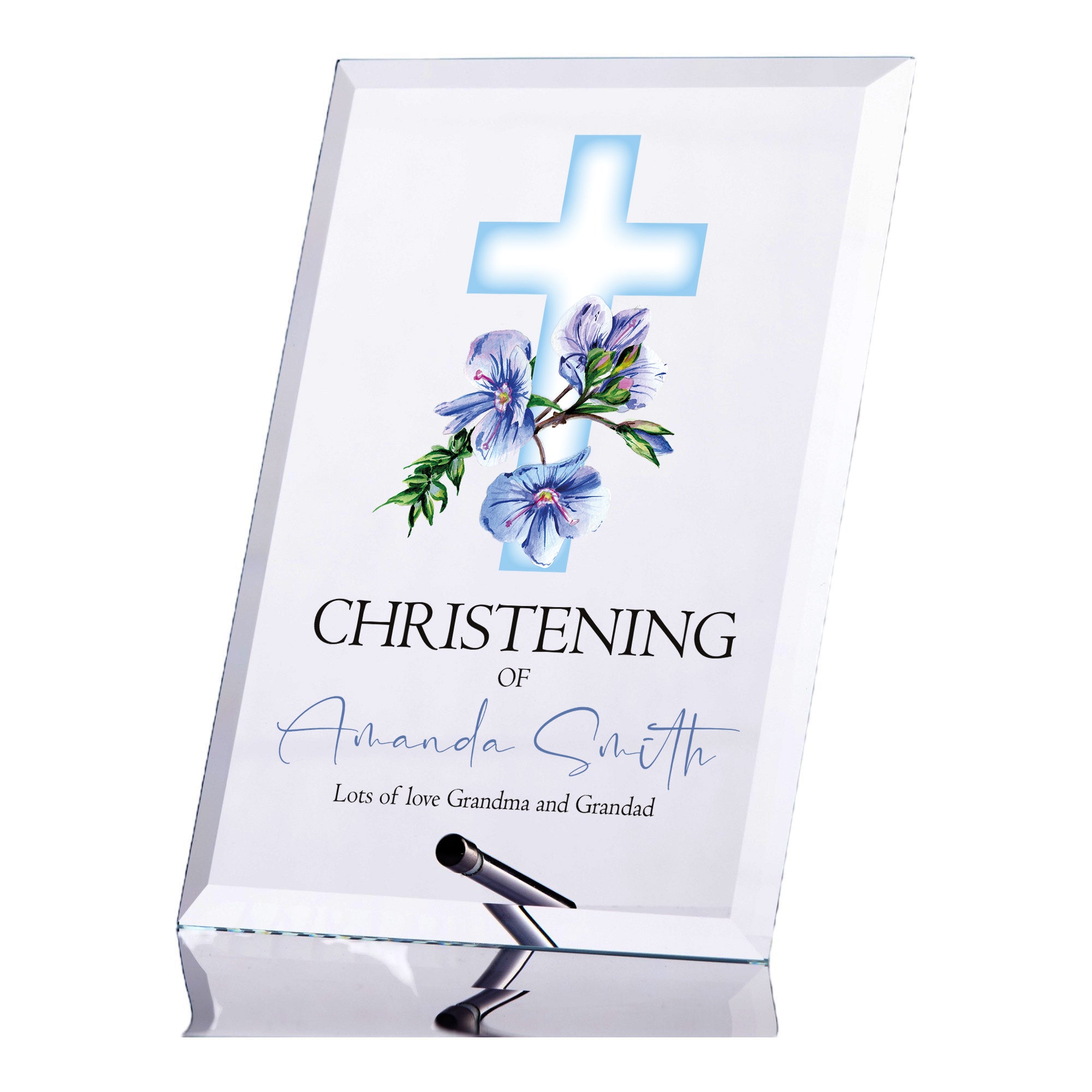 Personalised Christening Keepsake Plaque Gift With Blue Cross Cross