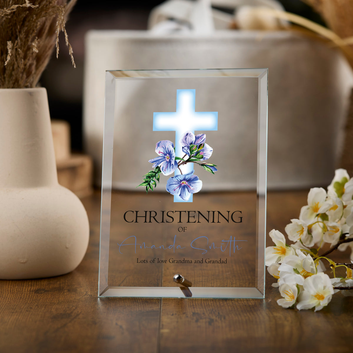 Personalised Christening Keepsake Plaque Gift With Blue Cross Cross