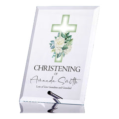 Personalised Christening Keepsake Plaque Gift With Green Cross Cross