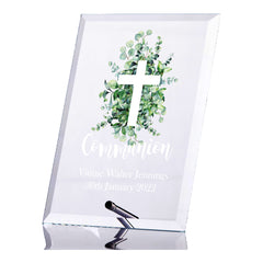Personalised Communion Keepsake Plaque Gift With Green Leaf Cross