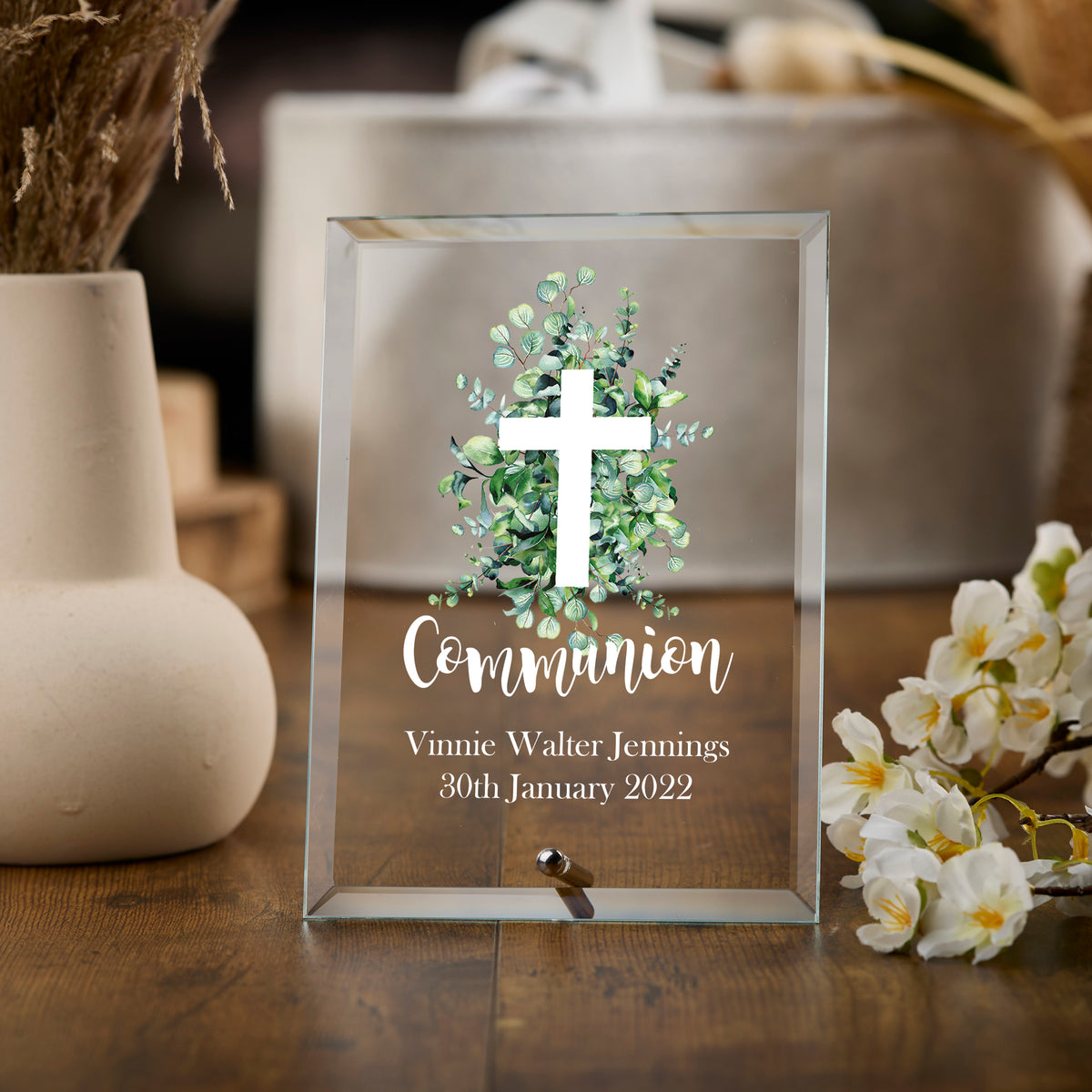 Personalised Communion Keepsake Plaque Gift With Green Leaf Cross