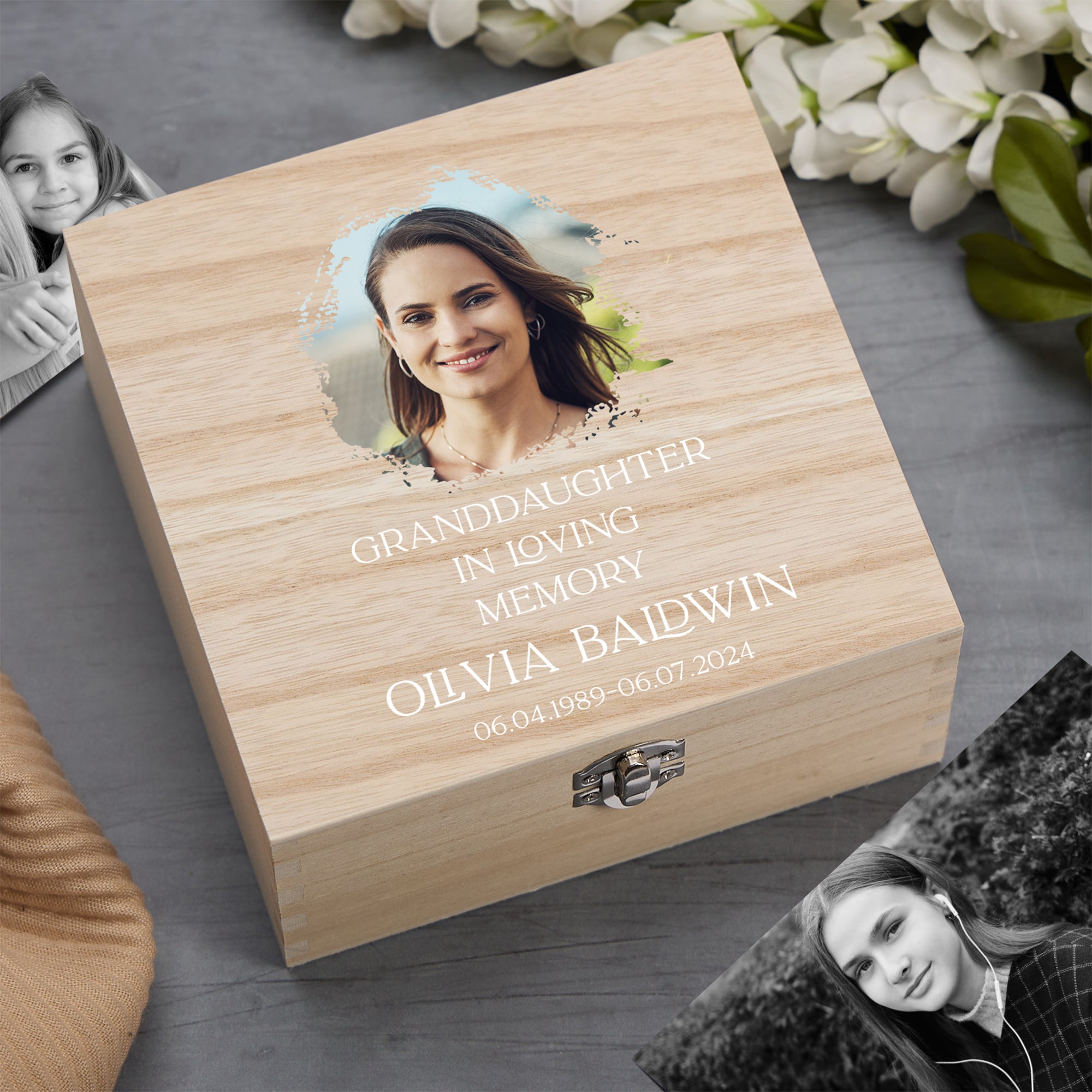 Personalised Granddaughter In Loving Memory Remembrance Wooden Keepsake Box With Photo