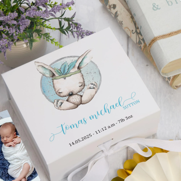 ukgiftstoreonline Personalised Baby Boy Gift Keepsake Memory Box Sitting Rabbit