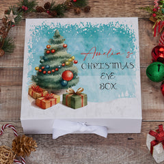 Personalised Christmas Eve Box With Tree and Presents Ribbon Closure