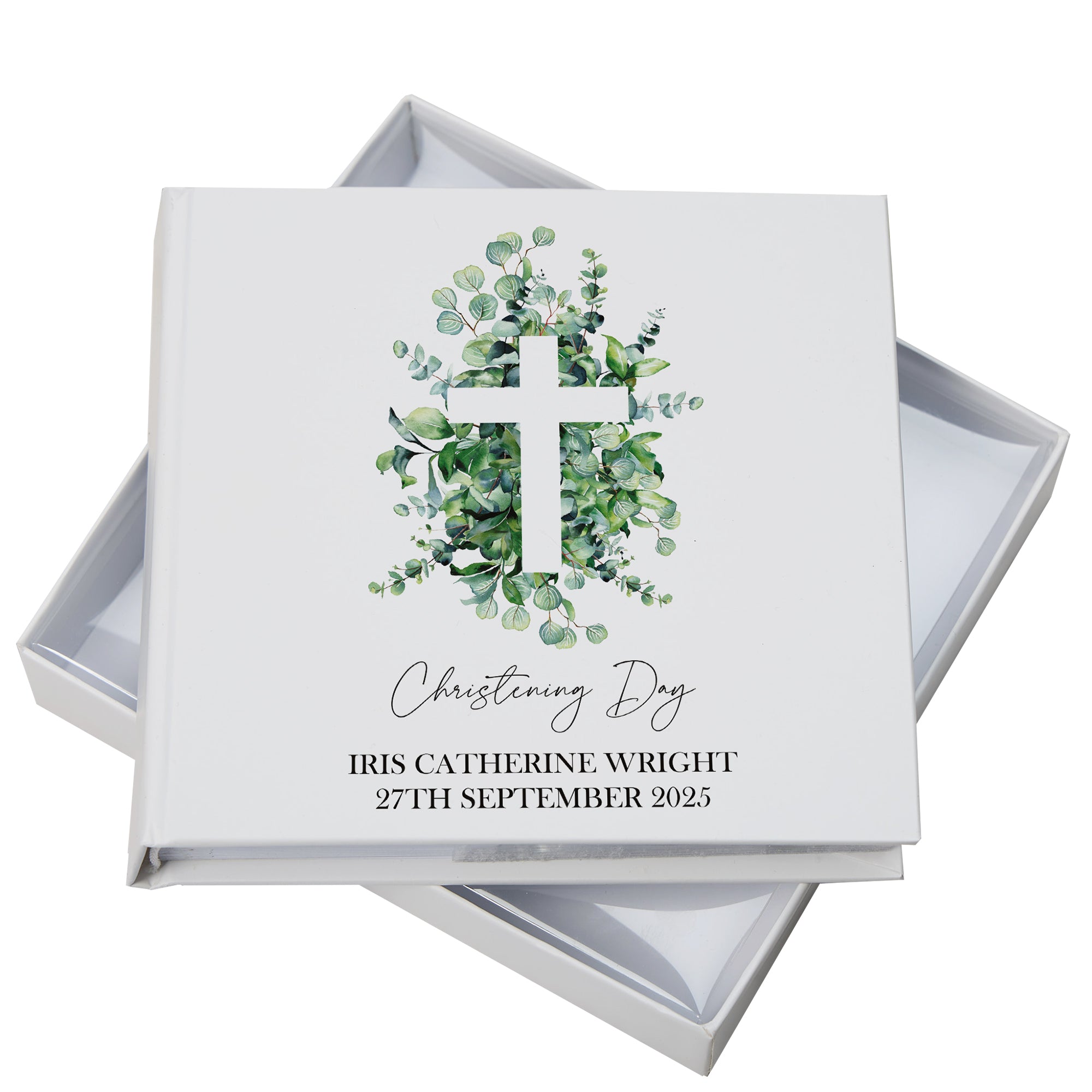 Personalised Christening Photo Album Gift With Cross and Eucalyptus