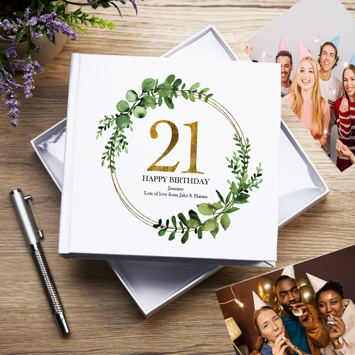 Personalised 21st Birthday Gift for her Photo Album Gold Wreath Design