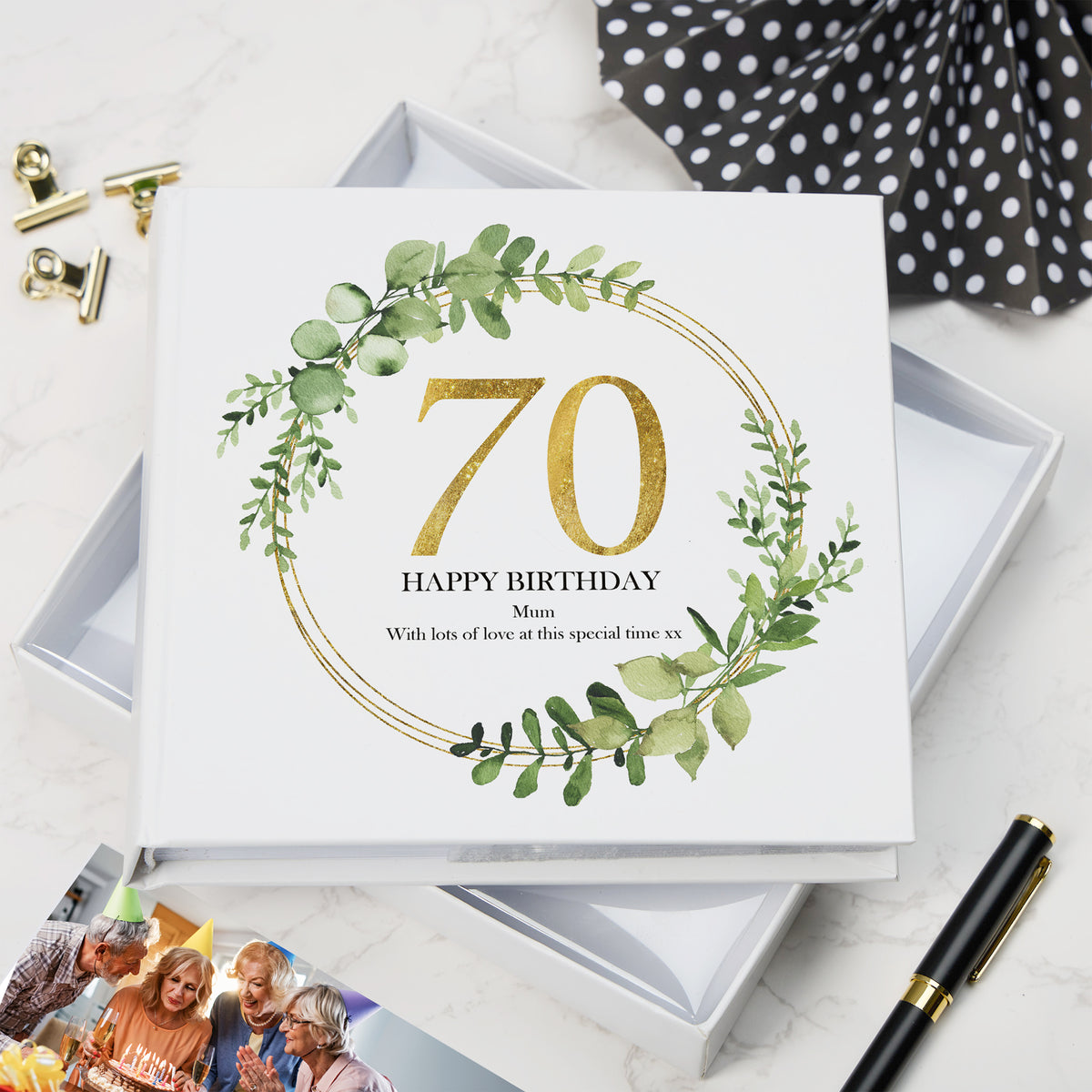 Personalised 70th Birthday Gift for her Photo Album Gold Wreath Design