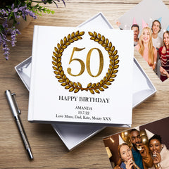 Personalised 50th Birthday Gift for Him Photo Album Gold Wreath Design