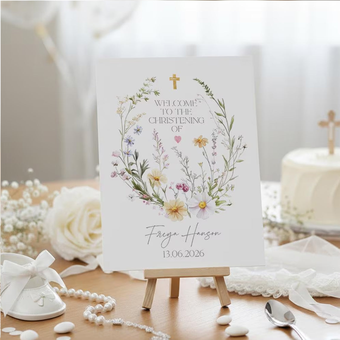 Personalised Gentle Floral Design For Christening Baptism Communions and Confirmation Sign and Easel ukgiftstoreonline
