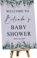 Personalised Baby Shower Celebration Table Sign Eucalyptus Leaves