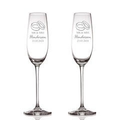 Personalised Engraved Wedding Champagne Glasses Set With Ring Emblem