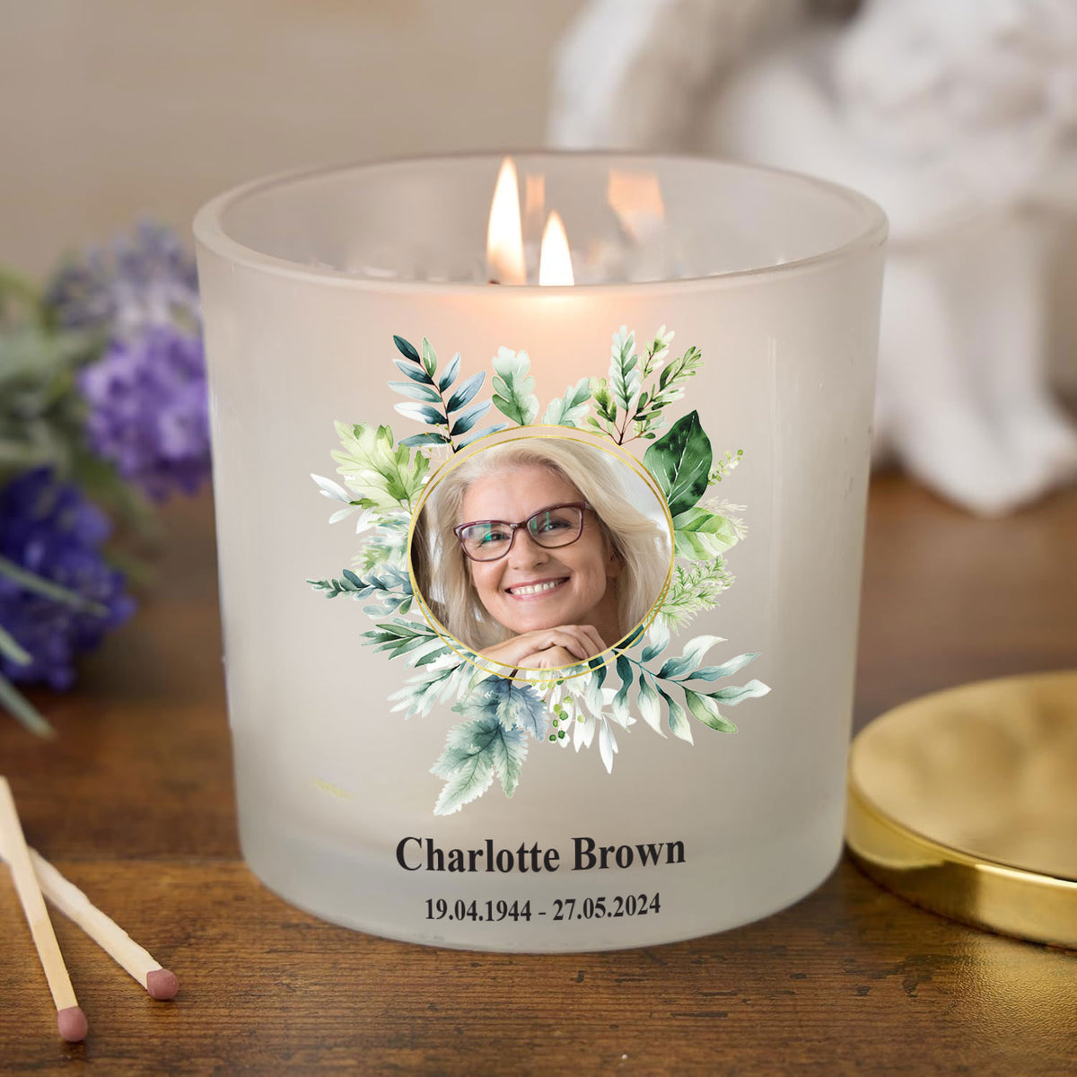 Personalised Condolence Sympathy gift Remembrance Candle With Photo And Floral Frame