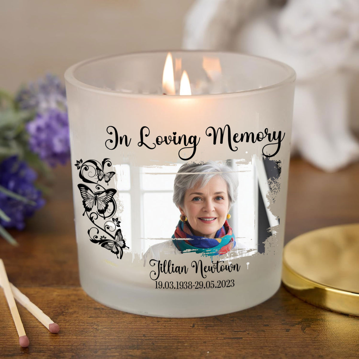 Personalised Condolence Sympathy gift Remembrance Candle With Photo and Butterflies