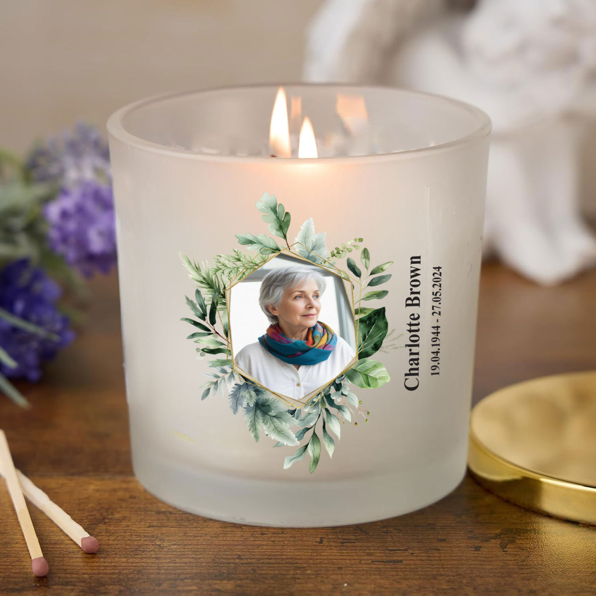 Personalised Condolence Sympathy gift Remembrance Candle With Photo Gold Leaf Frame