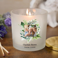 Personalised Condolence Sympathy gift Remembrance Candle With Photo And Leaf Frame