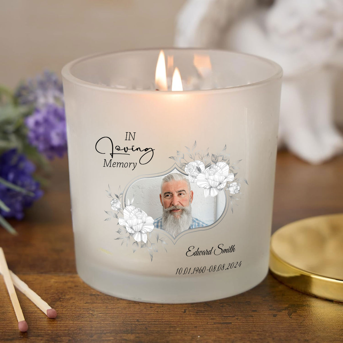 Personalised Condolence Sympathy gift Candle With Photo and Grey Flowers